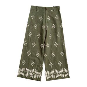 Zara Women's Size M Embroidered Viscose Linen Blend Wide Leg Cropped Green Pants